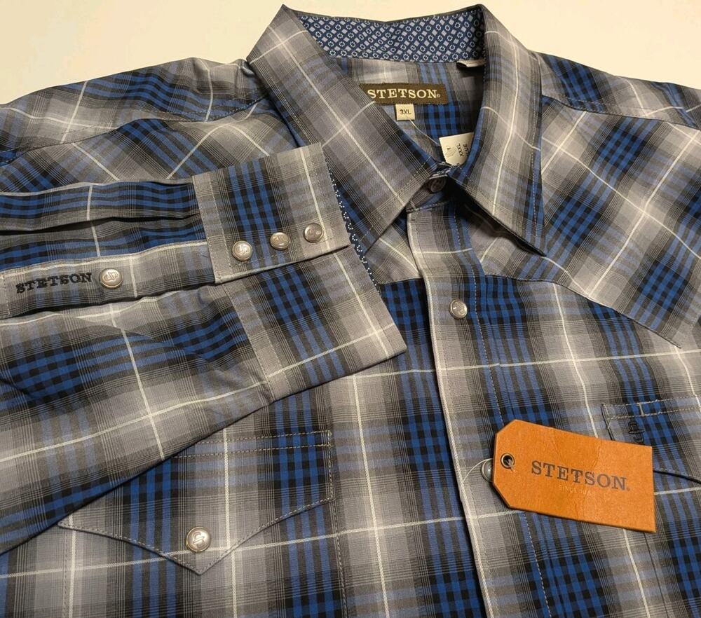 NWT Stetson Mens Blue Plaid Western Shirt Long Sleeve Pearl Snap 3XL XXXL Cotton